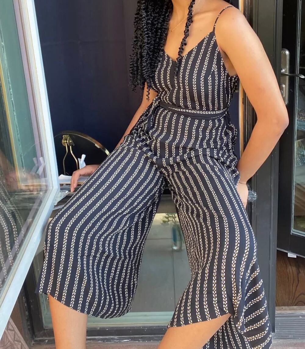 Billabong Shake It Again Wide Leg Jumpsuit small striped black taupe brown crop
